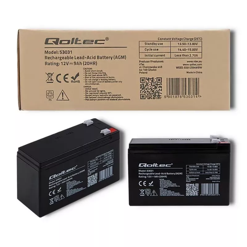 Bateria UPS QOLTEC 53031 12V 9Ah verde, 152×94×65 mm, 2,35 kg