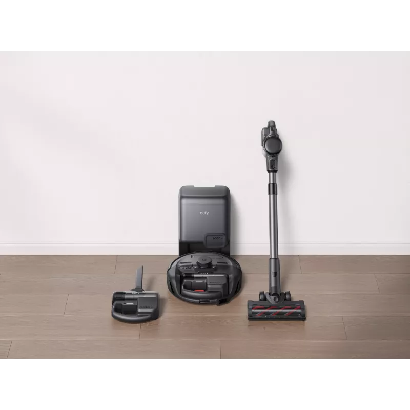 Aspirador robô Eufy E20 preto — redondo, base com saco de pó, 150 minutos de autonomia, 35 cm de diâmetro