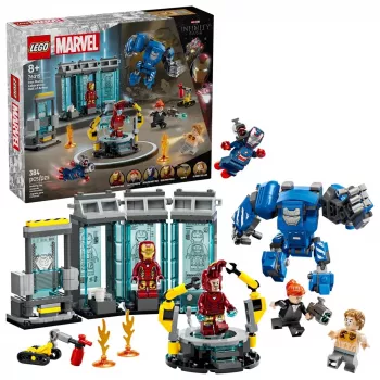 LEGO Marvel Laboratório de Armaria do Homem de Ferro 76315 conjunto de brincar – 384 peças, 5 minifiguras, área de exposição