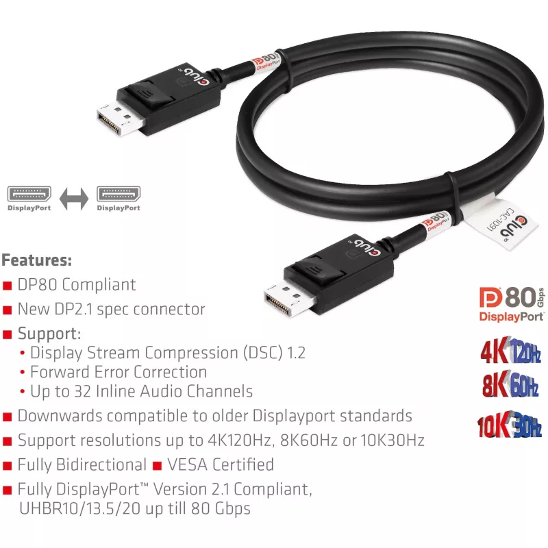 Club 3D CAC-1091 cabo DisplayPort 2.1, certificado VESA DP80, bidirecional, 4K120Hz / 8K60Hz / 10K30Hz, macho/macho, 1,2 m