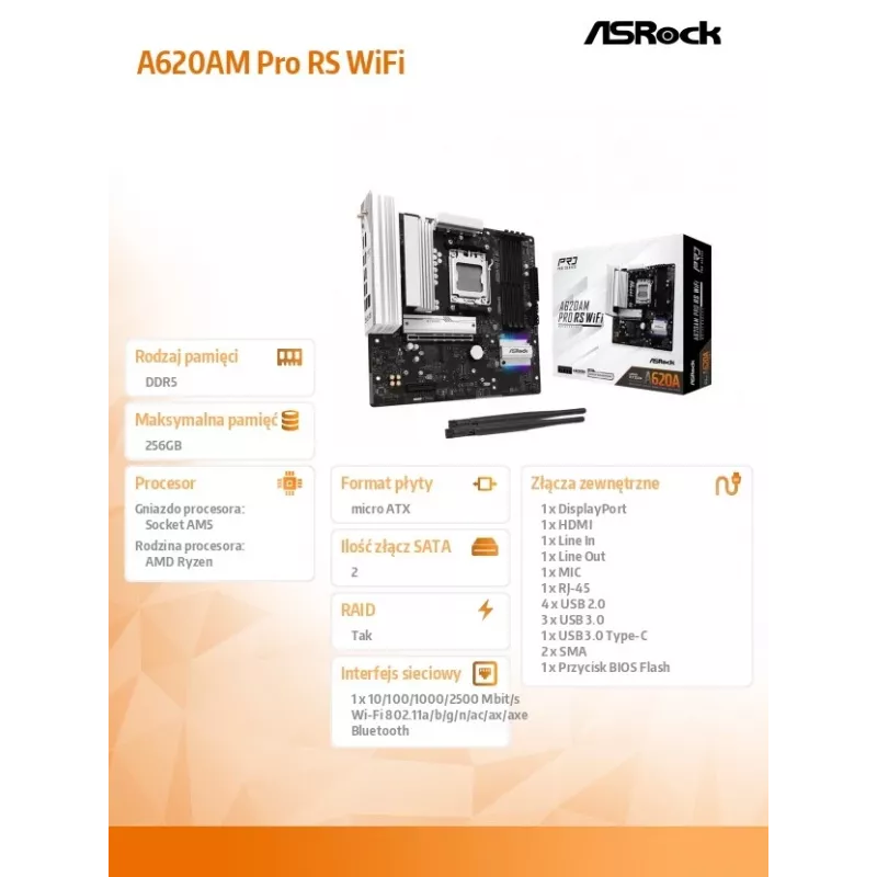 Placa-mãe ASROCK A620AM PRO RS WIFI AM5 microATX, AMD A620, 4×DDR5, Wi‑Fi, HDMI, DP, 3×M.2, 2×SATA, áudio 7.1, LAN 1Gb
