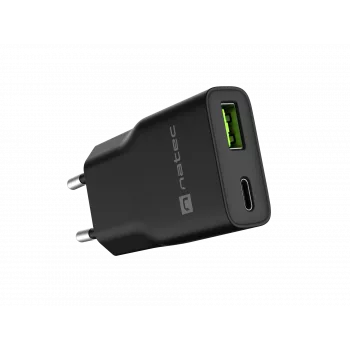 Fonte de alimentação NATEC Ribera NUC-2377 — 1×USB-A, 1×USB-C, saída de 3 A