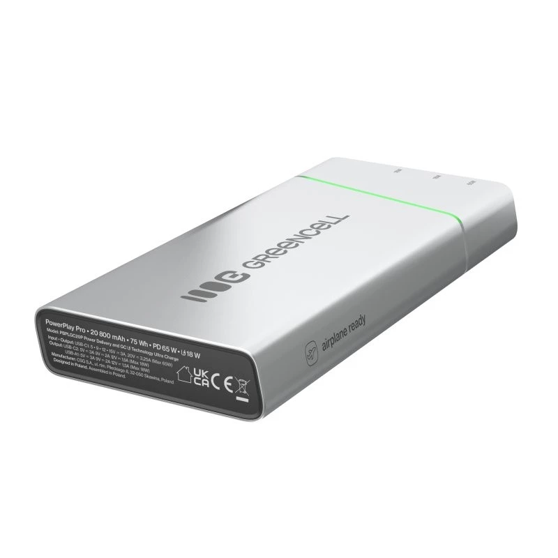 Bateria portátil Green Cell BPLGC20P 20800 mAh de iões de lítio, USB-C PD 65W, 2x USB-C + 1x USB-A, caixa em alumínio