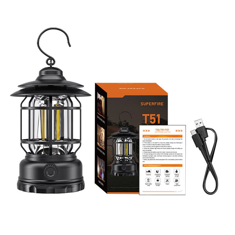 Lanterna de campismo Superfire T51 USB-C recarregável portátil, modelo T51