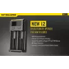 Carregador de pilhas Nitecore NEW i2 — carregador de 2 slots para LiFePO4, Li-Ion, NiMH; entrada 100–240V; saída 9–12V; suporta AAAA/C/D/AAA/AA; preto