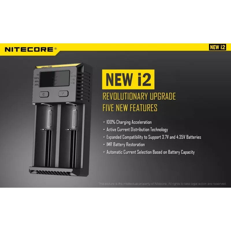 Carregador de pilhas Nitecore NEW i2 — carregador de 2 slots para LiFePO4, Li-Ion, NiMH; entrada 100–240V; saída 9–12V; suporta AAAA/C/D/AAA/AA; preto