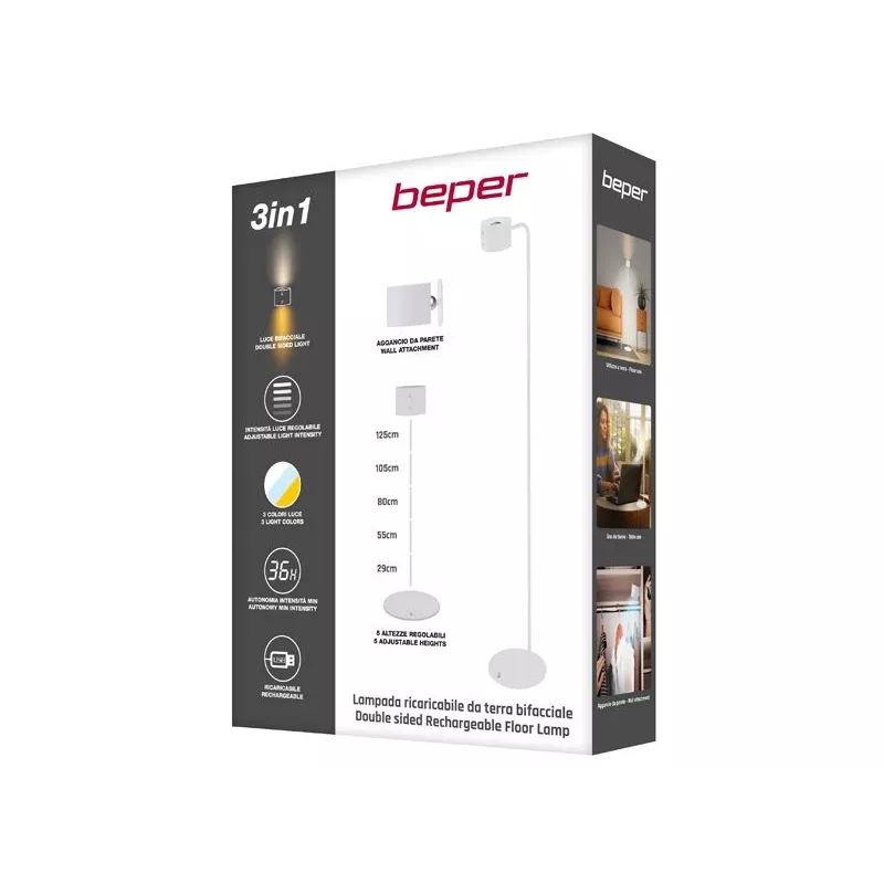 Beper P201UTP305 candeeiro LED recarregável de altura ajustável, de chão e para montagem na parede, 2,3 W, regulável, branco
