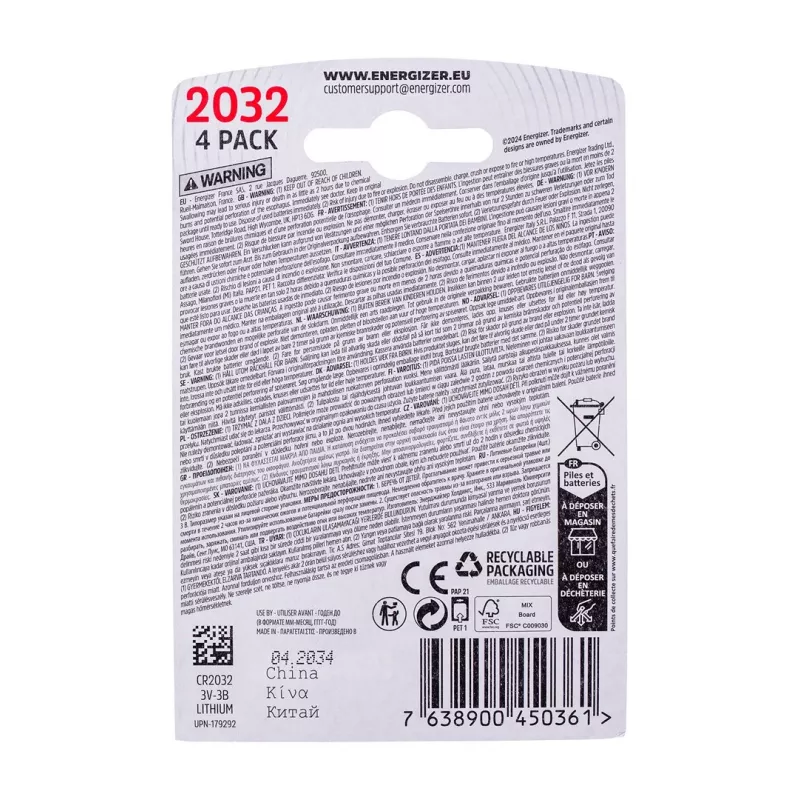 PILHA ENERGIZER SPECIALIZED CR2032, 4 unid., 3V, ECO