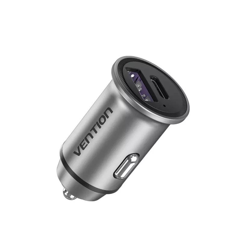 Carregador de automóvel Vention duas portas USB A+A (30+30) cinzento estilo mini liga de alumínio tipo