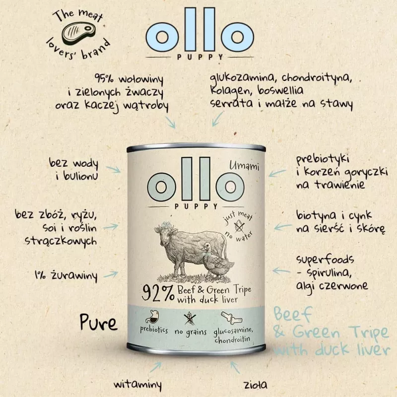 OLLO Puppy Umami Beef and Green Tripe with Duck Liver – comida húmida para cães – 850g