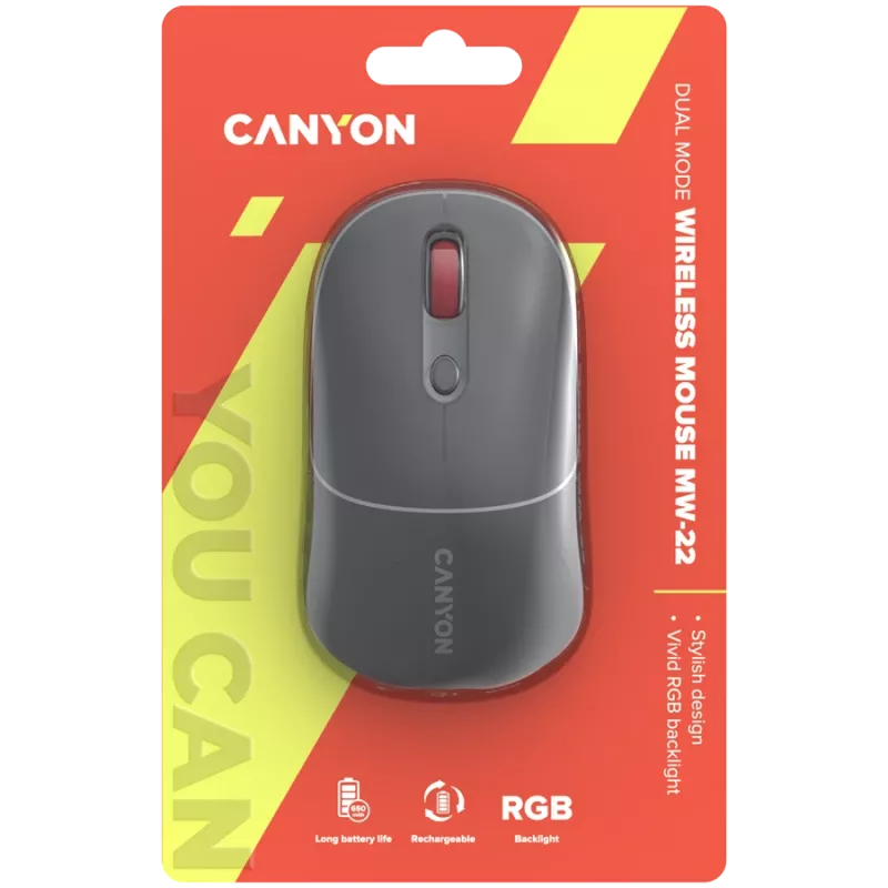 Rato sem fios Canyon MW-22 2em1 RGB - Cinzento - Bluetooth/RF - 1.600 dpi - recarregável
