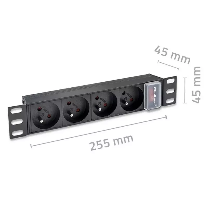 PDU de alumínio Qoltec para RACK 10'' | 1U | 16A | 4xFRANCESA | 1,8m