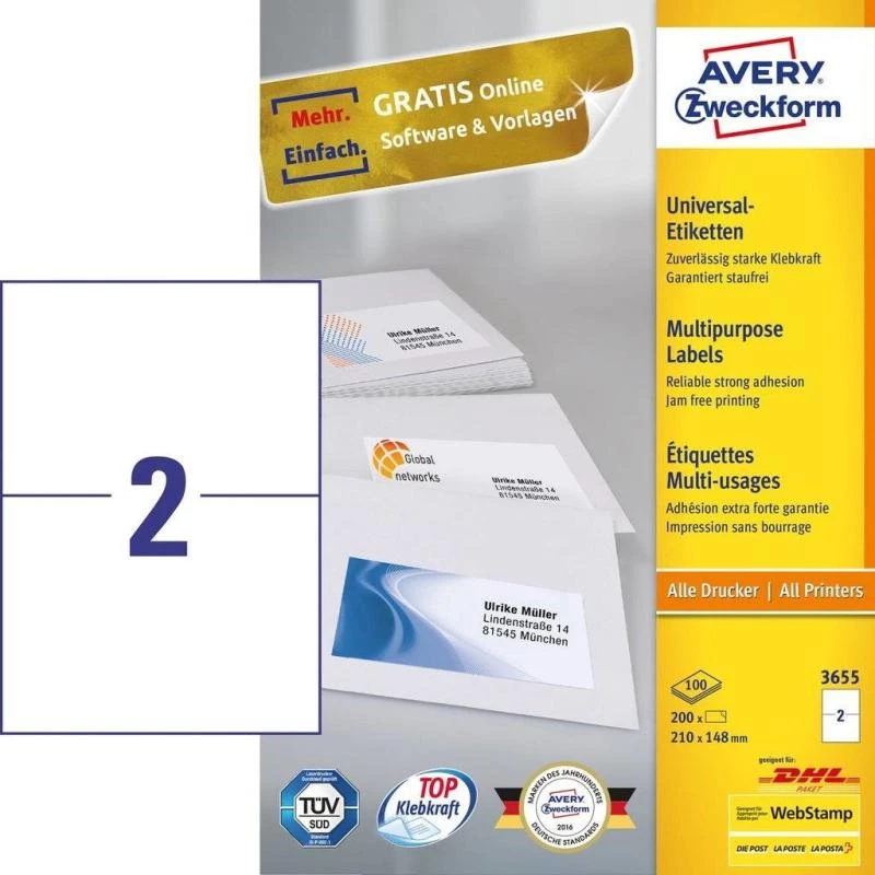 Avery 3655 etiquetas autoadesivas retangulares permanente branco 200 peças