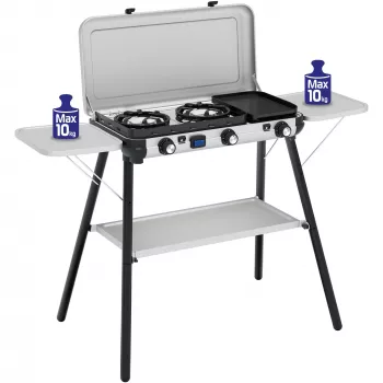 Camping Kitchen 2 Multi Cook Plus, fogão a gás cinzento, 2 zonas de cozedura 2x 1,8 kW + placa de grelhar 0,9 kW, modelo 2025