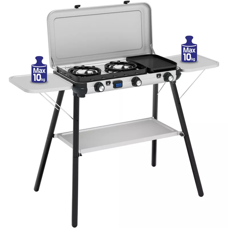 Camping Kitchen 2 Multi Cook Plus, fogão a gás cinzento, 2 zonas de cozedura 2x 1,8 kW + placa de grelhar 0,9 kW, modelo 2025