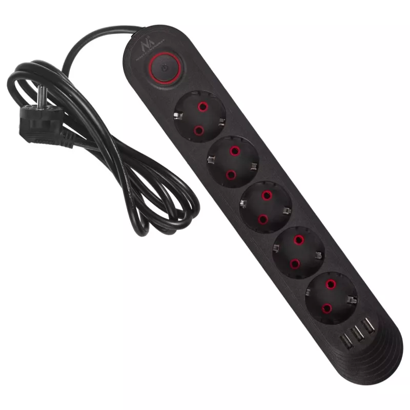 Extensão elétrica MACLEAN MCE395 B — 5 tomadas, 3×USB, 110–240V AC, 2,1A USB, 2500W, cabo de 1,5 m, preto