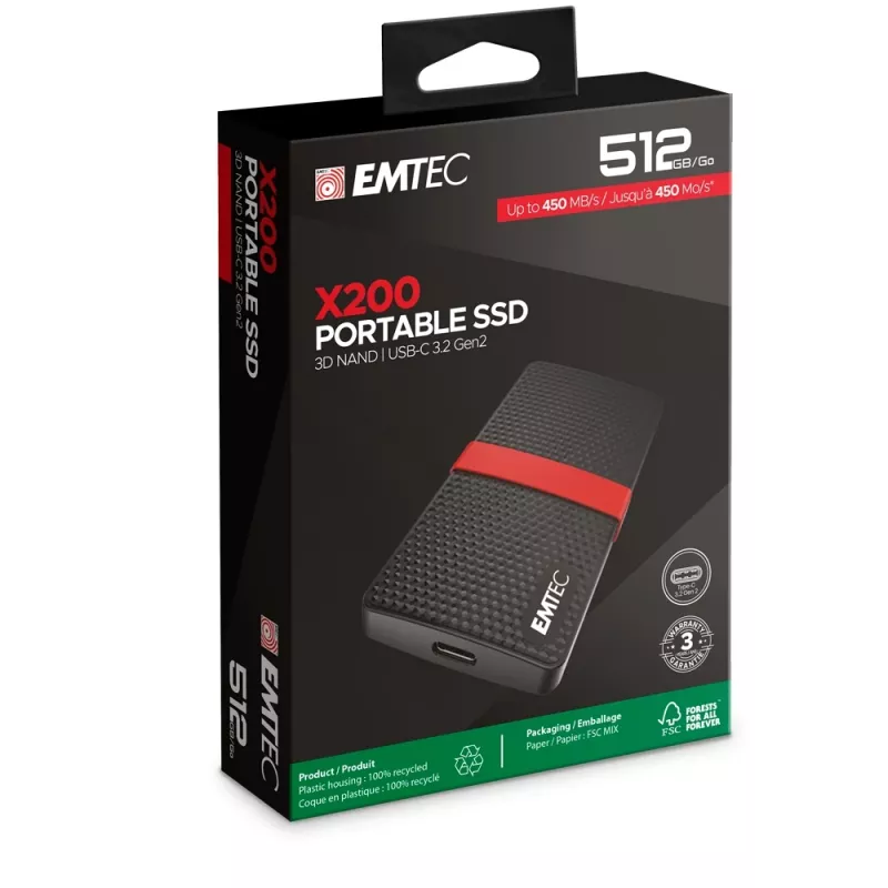 SSD Emtec 512GB USB Type-C 3.2 Gen 1 preto vermelho X200