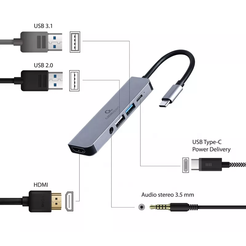 Dock/replicador de portas para portátil Gembird A-CM-COMBO5-02 com fios USB 3.2 Gen 1 (3.1 Gen 1) Type-C prateado