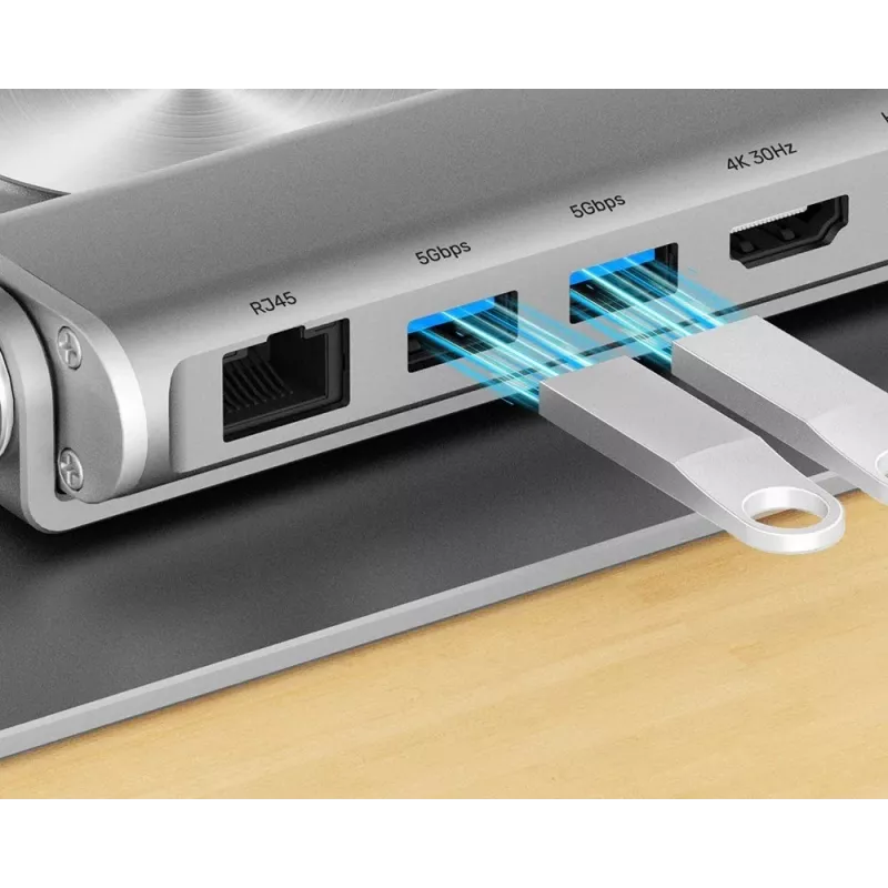 Suporte para portátil Unitek D1109B01 — suporte ajustável em alumínio com USB-C HDMI 4K PD 100W removível, 2x USB-A, RJ-45, para até 17 polegadas