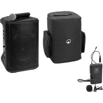 Sistema PA portátil sem fios Omnitronic PORTY-8A com microfone de lapela e bolsa de transporte