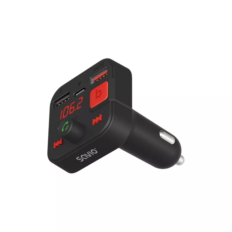 Transmissor FM SAVIO, Bluetooth 5.3, carregador QC 3.0, ecrã LED, Bass Boost, TR-15, preto