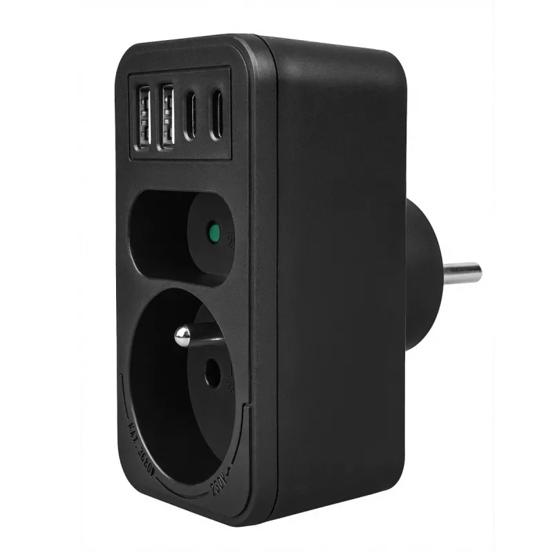 Power Splitter MACLEAN MCE249 F/B – 2 tomadas AC (16A + 6A) com 2×USB-A e 2×USB-C PD 20W, ficha EU, preto