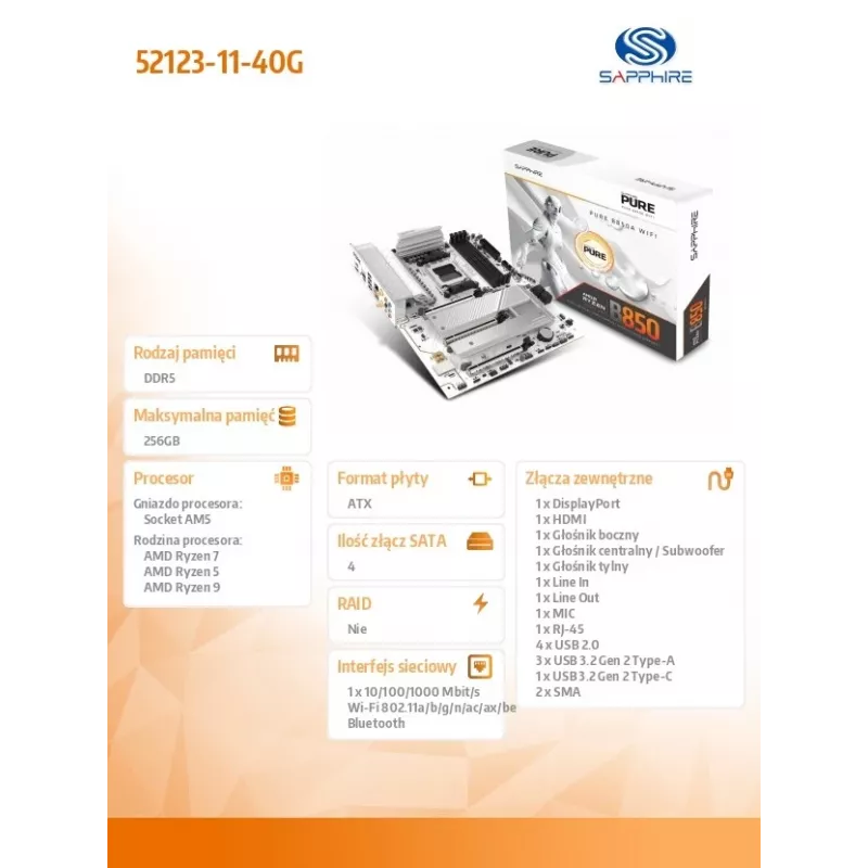 Placa principal Sapphire PURE B850A WIFI7, AMD B850, Socket AM5, ATX, DDR5