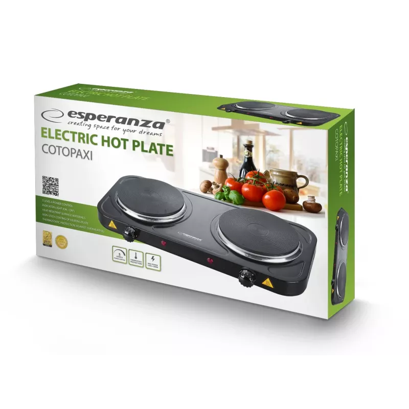 Esperanza Cotopaxi EKH010K placa de cozinha elétrica, 2 zonas (15,5 cm), 2000 W, preta