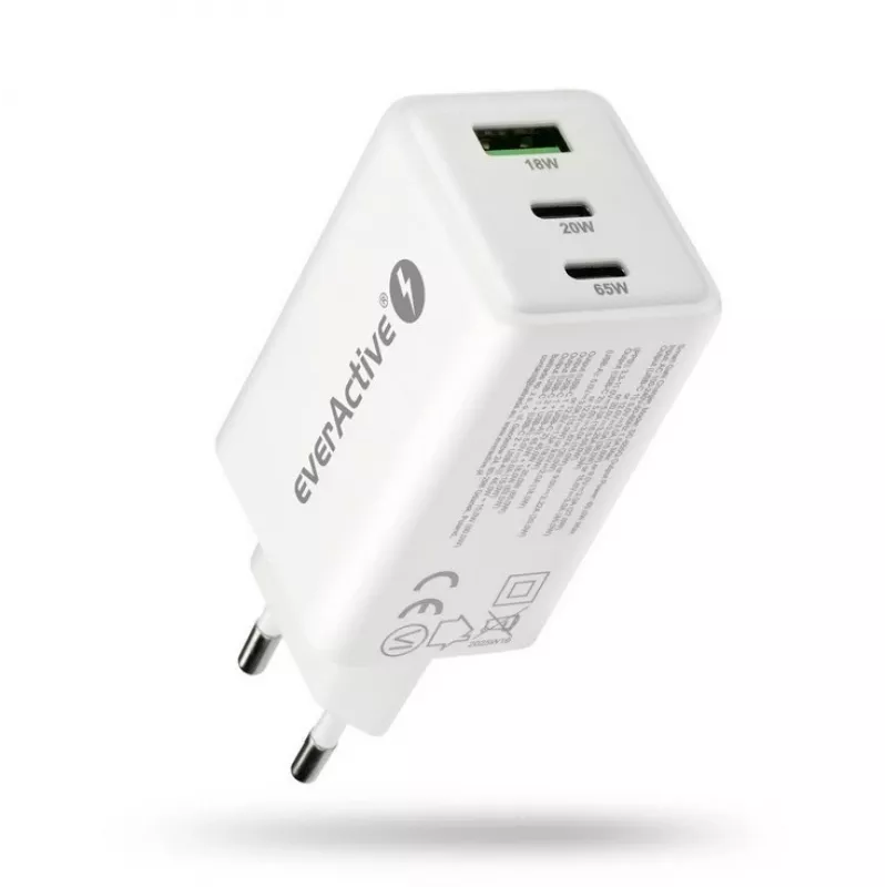 Carregador everActive SQ-655Q 65W, 1×USB-A + 2×USB-C carregamento rápido