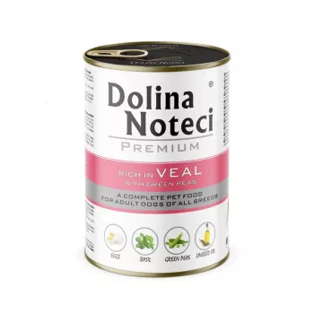 Ração húmida para cães Dolina Noteci Premium rica em Vitela com Ervilhas Verdes 400 g, adulto, 12% proteína, 6,5% gordura
