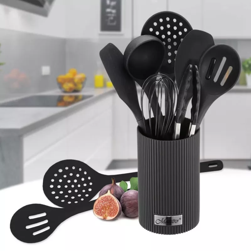 Conjunto de utensílios de cozinha Maestro MR-1542 — 8 peças em silicone para bancada, preto, empilhável com suporte de armazenamento