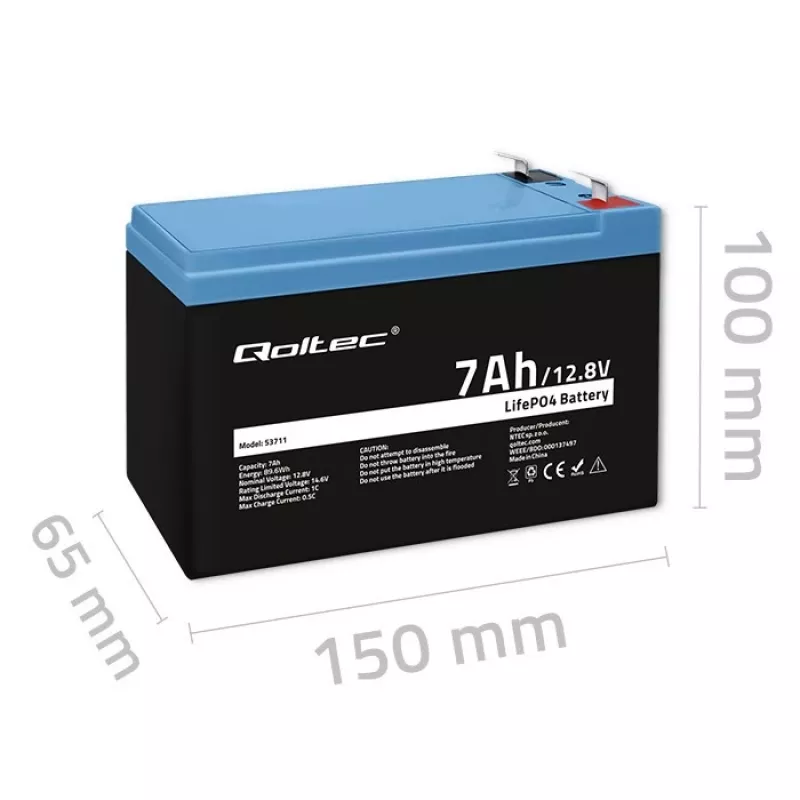 Bateria LiFePO4 12,8V 7Ah, 89,6Wh, BMS