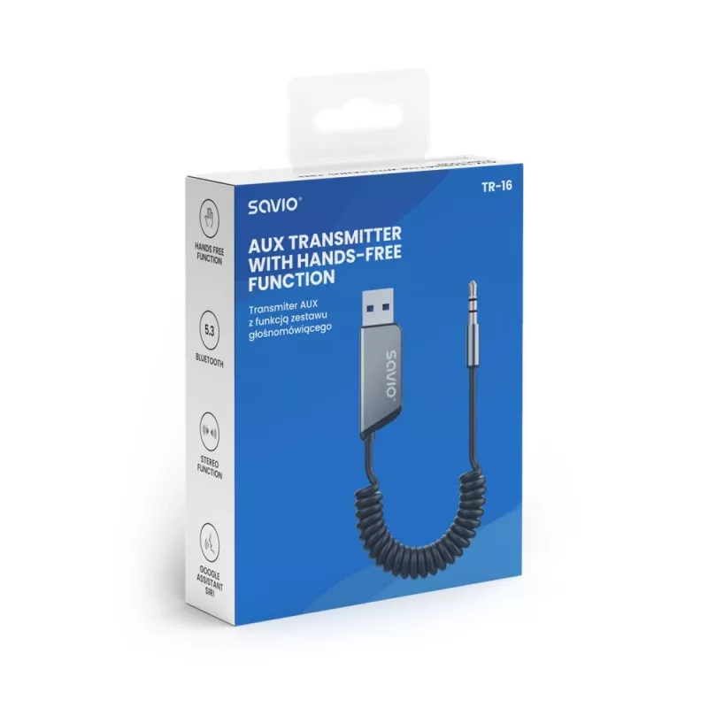 Savio TR-16 transmissor adaptador AUX com função mãos-livres, Bluetooth 5.3, Google Assistant/Siri