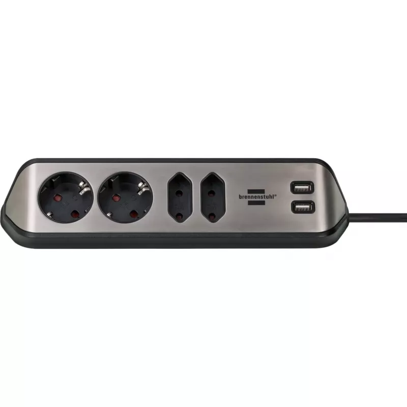 Brennenstuhl estilo régua de tomadas de canto 4 tomadas, preta, 2 tomadas Schuko, 2 tomadas Euro, com função de carregamento USB