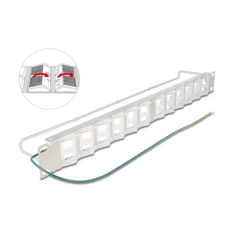 Patch panel 19 polegadas DELOCK 24 portas Keystone, portas inclináveis, alívio de tensão, 1U metálico