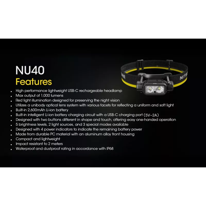 Lanterna de cabeça Nitecore NU40 preta LED 2 lâmpadas IP68