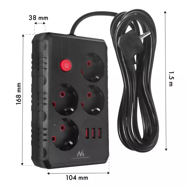 Extensão elétrica MACLEAN MCE392 B — 4 tomadas, 3×USB, 110–240V, 2,1A, 2500W, cabo de 1,5 m, preto