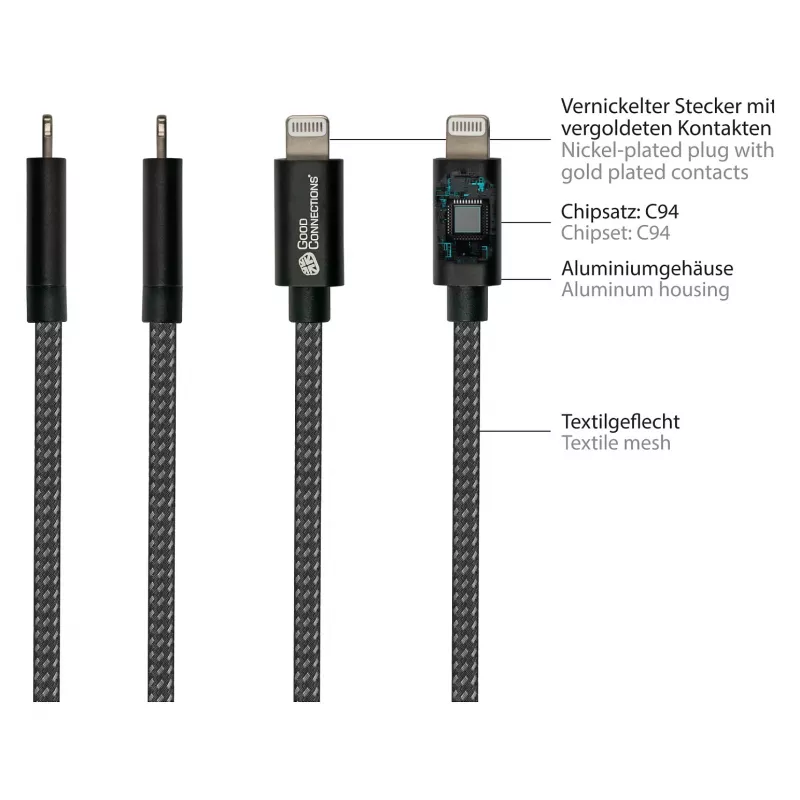 Good Connections Cabo de carregamento e dados USB 2.0 para iPhone/iPad/iPod conector USB-C para Lightning - O cabo de alta qualidade e oficialmente certificado pela Apple