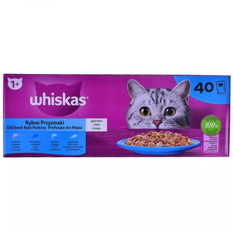 WHISKAS Fish Favourites em geleia - alimento húmido para gatos - 40x85 g