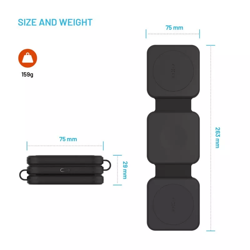 Carregador sem fios dobrável FIXED FIXFLE-SA-BK 3-em-1 para Samsung – carregador portátil compacto para telefone, auriculares, wearables