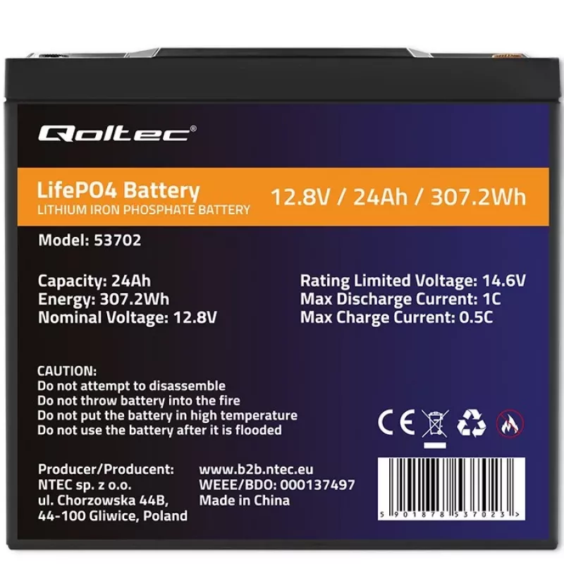 Bateria de lítio-ferro-fosfato LiFePO4 Qoltec 53702 | 12,8V | 24Ah | 307,2Wh | BMS