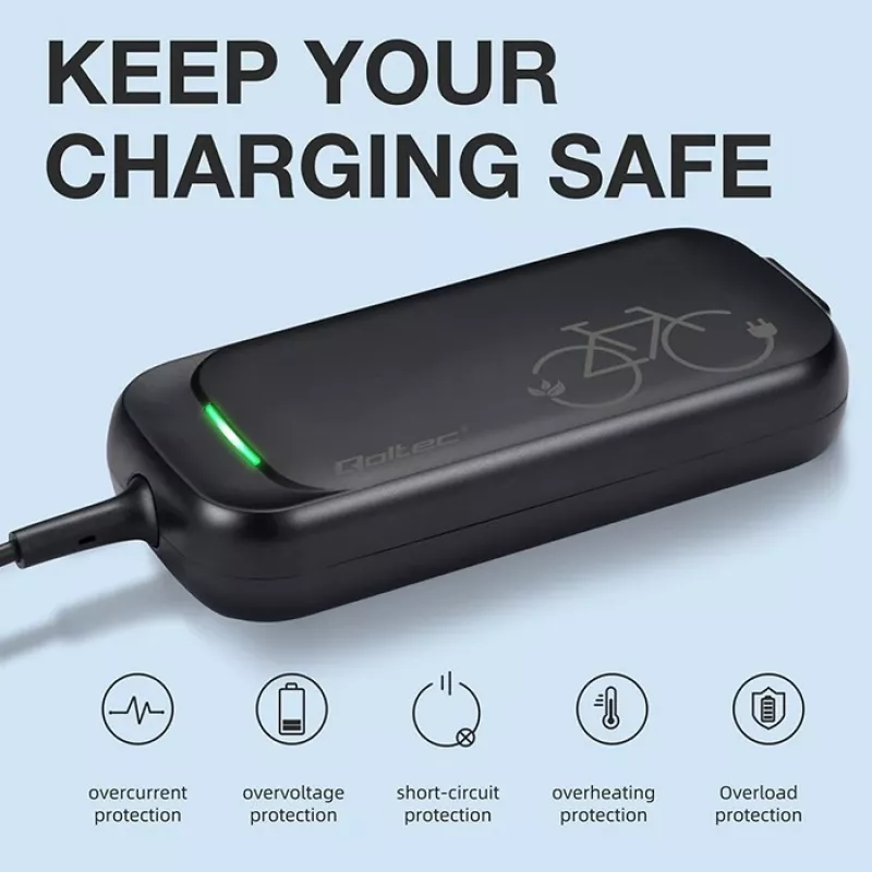 Carregador para e-bike QOLTEC 50332 — saída 36V/42V, 2A, ficha 5,5×2,1 mm