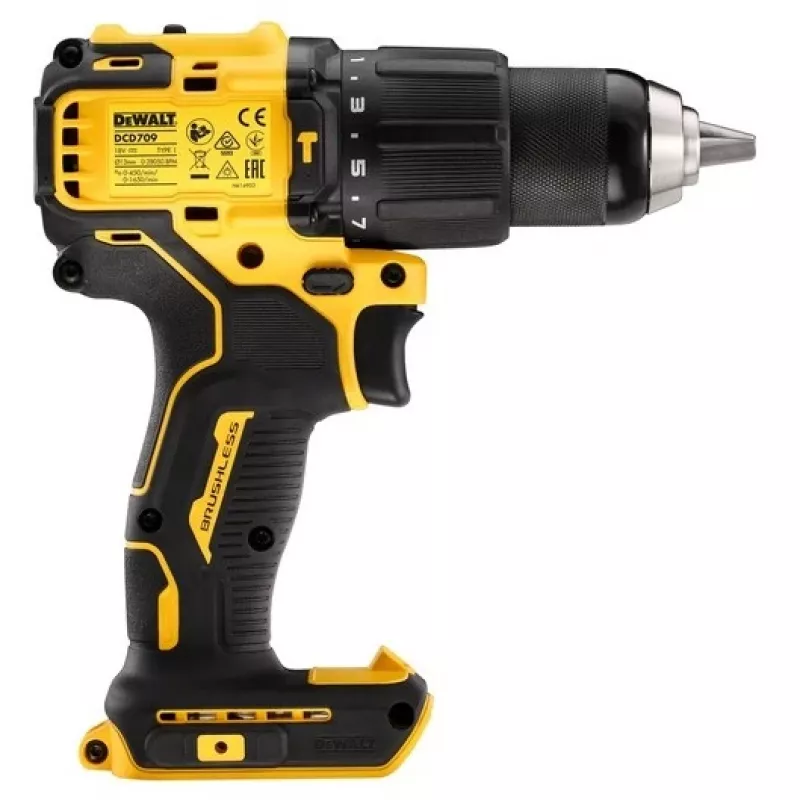 DeWALT DCD709N-XJ 18V XR berbequim aparafusador de percussão sem fios e sem escovas, 1650 rpm, 65 Nm, 340 W, bucha sem chave 13 mm, 1,2 kg, sem bateria e carregador, preto/amarelo