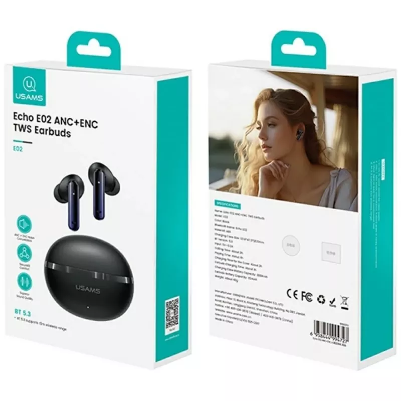 Auscultadores Bluetooth Usams TWS E02 ANC+ENC preto