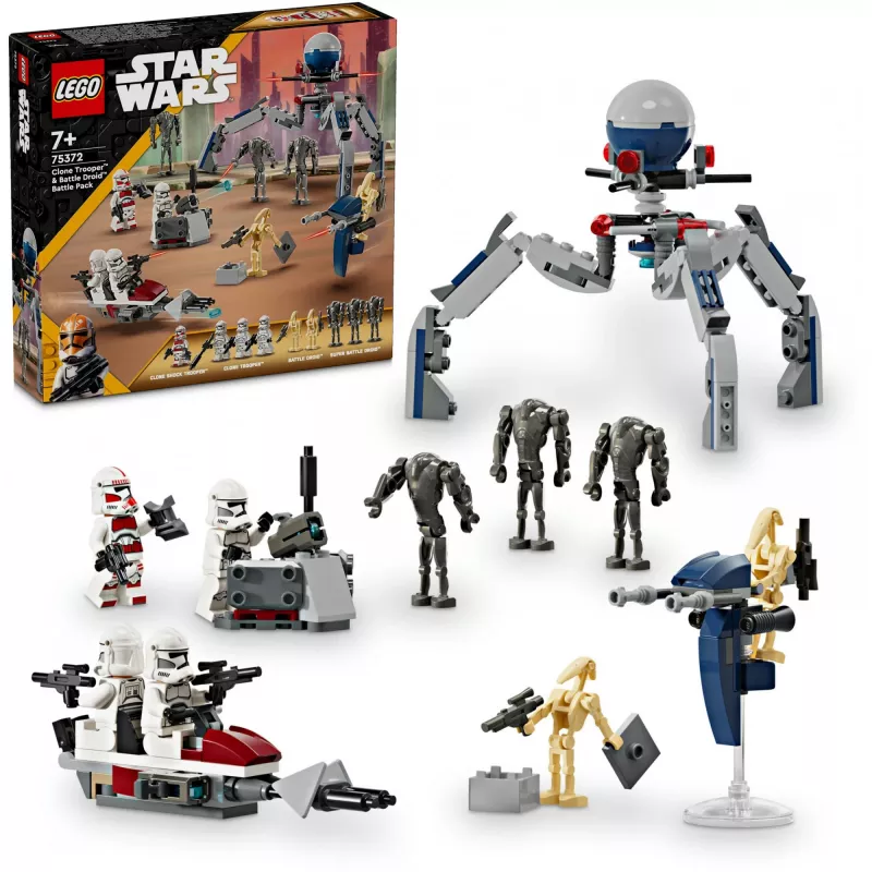 LEGO Star Wars Clone Trooper e Battle Droid Battle Pack Brinquedo de construção para crianças com veículo Speeder Bike, 4 minifiguras e 5 figuras, presente para rapazes
