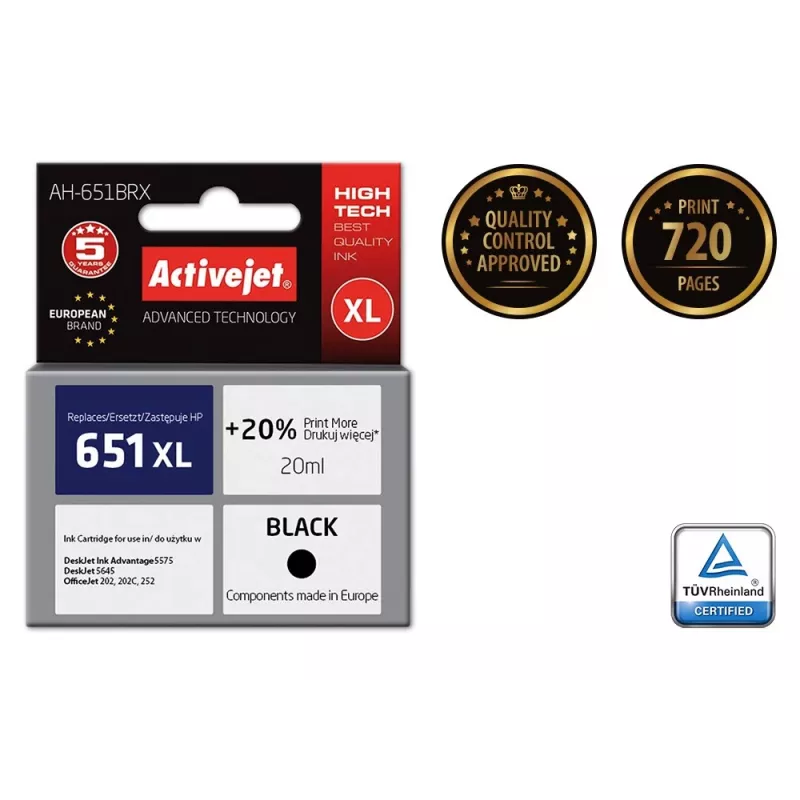 Tinteiro Activejet AH-651BRX (substituto para HP 651 C2P10AE; Premium; 20 ml; preto)