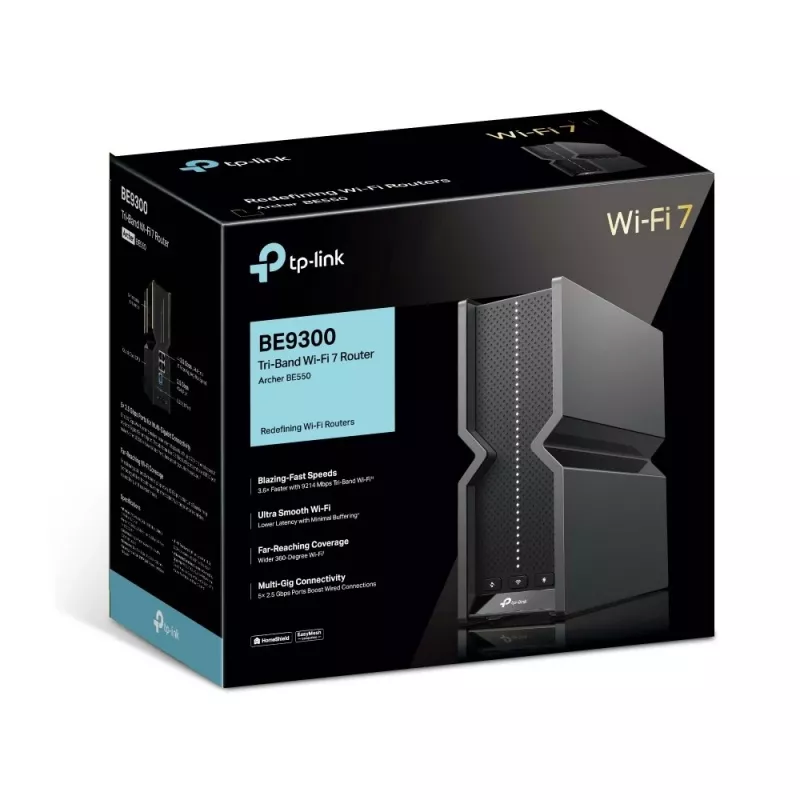 Router TP-Link Archer BE9300 Tri-Band Wi-Fi 7, Wi-Fi 7 (802.11be), Tri-Band (2,4 GHz / 5 GHz / 6 GHz), Ethernet LAN, preto, router de mesa