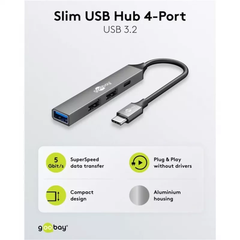 Hub USB Goobay Slim 4 portas, USB-C™ para USB-C™/USB-A, USB 3.2 (74459)