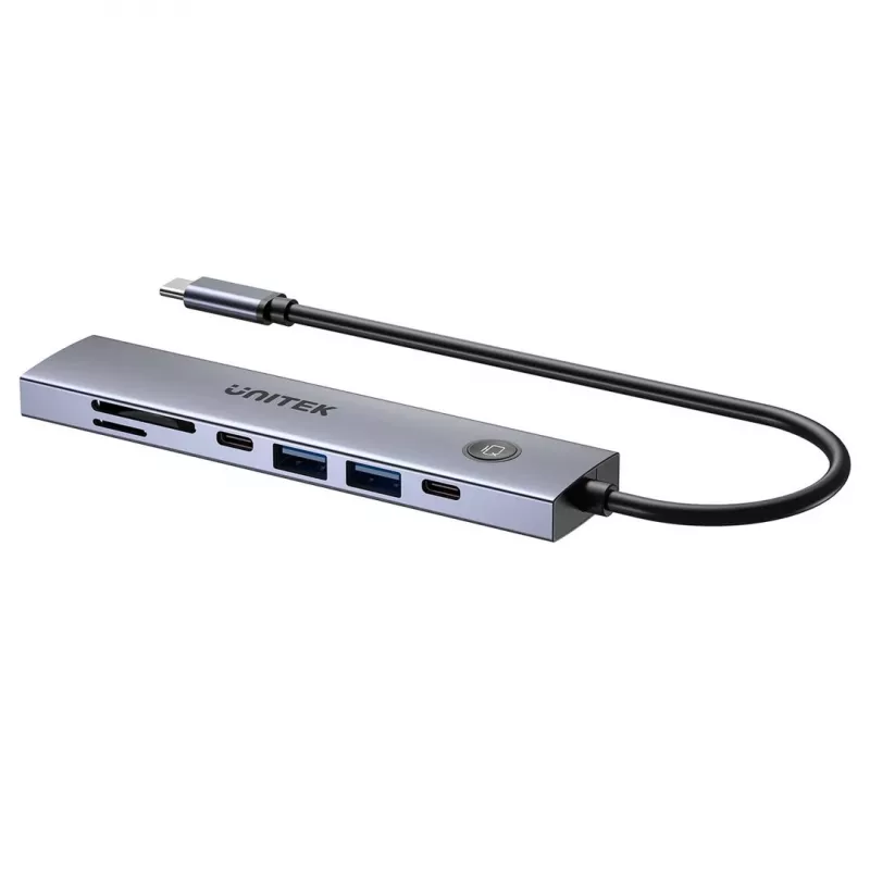 Hub USB-C Unitek H1124AGY01 com 100W PD, HDMI 2.0, 2x USB‑A, 2x USB‑C, leitor de cartões SD/microSD — alumínio