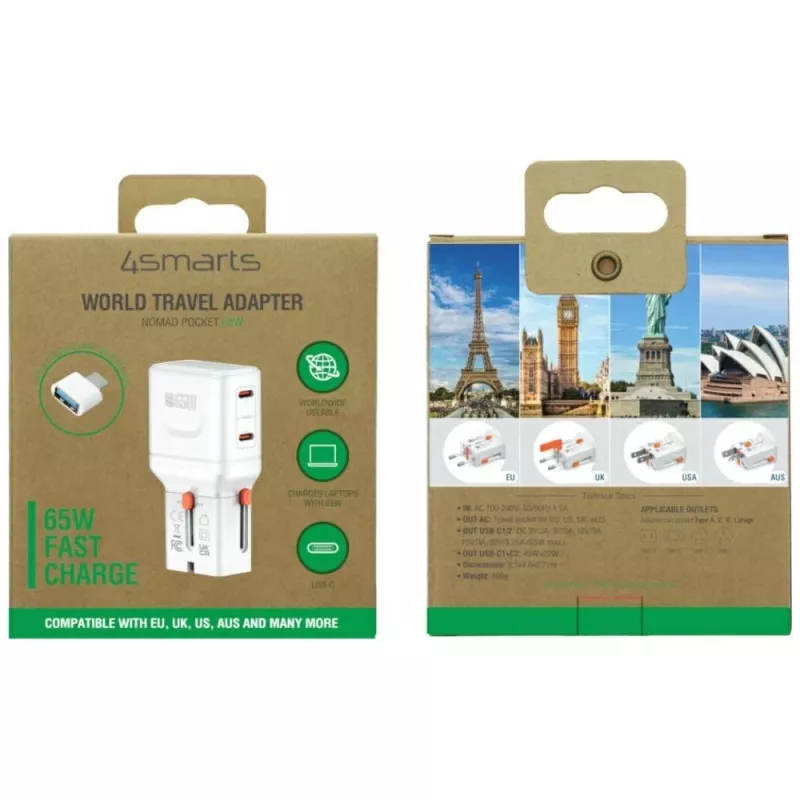 Carregador de viagem World 65W USB-C + USB-A branco